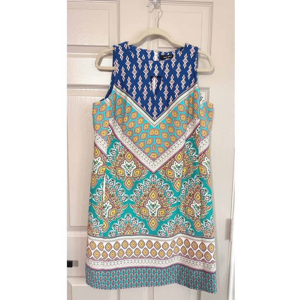 Nine West Dress 10 Teal Blue Geometric Tile Print Shift Coastal‎ Causal Summer